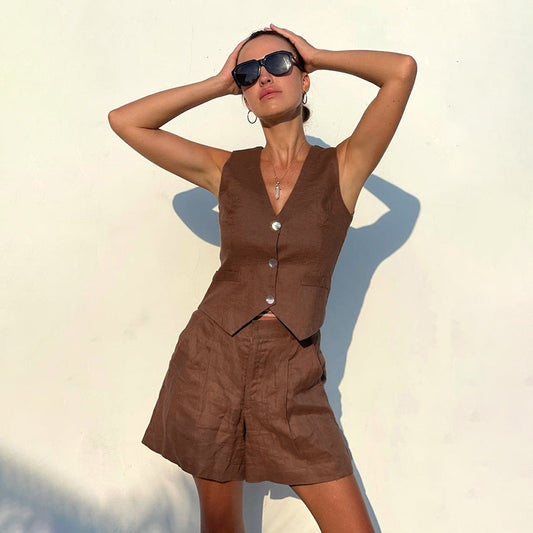 Dames - Soepel Linnen Set - Mouwloos Vest - Comfortabele Zomeroutfit