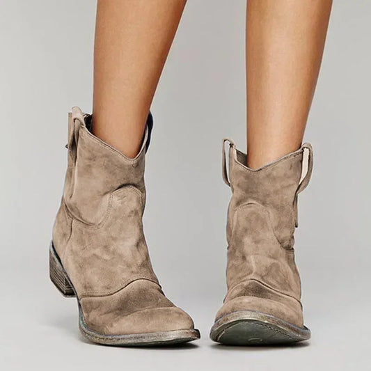 Vintage cowboy enkellaarsjes met borduurdetails en lage hak – RavinaWest