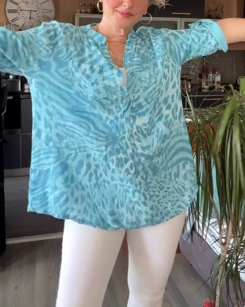 Bedrukte Blouse - Dames - Katoenblend - Casual Mode - V-Hals Stijl