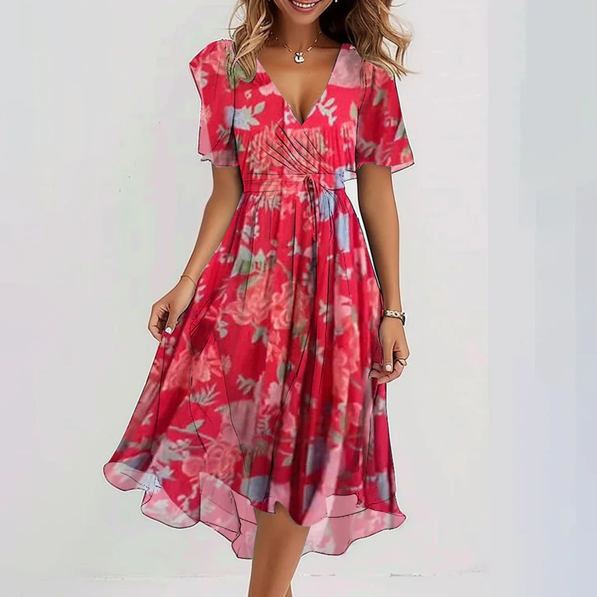 Zomerse overslagjurk met speelse print en elegante pasvorm – Marevia Flow