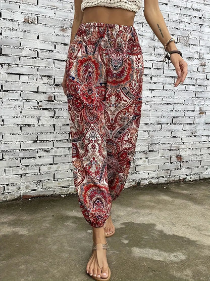 Dames - Boho-chique Broek - Gesmokte Taille - Etnische Grafische Print - VRIJHEID STIJL