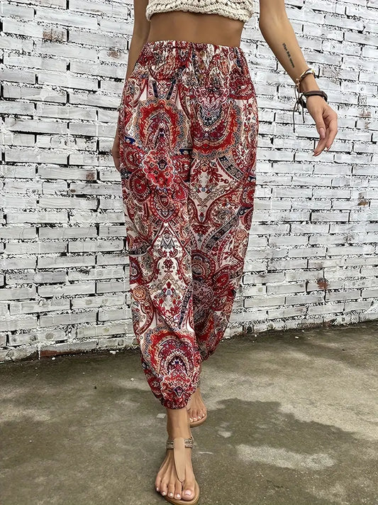 Dames - Boho-chique Broek - Gesmokte Taille - Etnische Grafische Print - VRIJHEID STIJL
