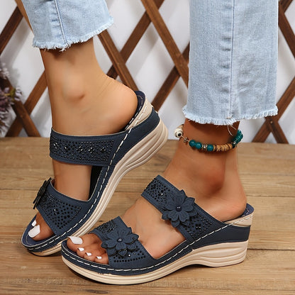 Dames - Sleehakken Sandalen - Met Bloem en Strass - Comfortabele Steunzolen - ELEGANTIE
