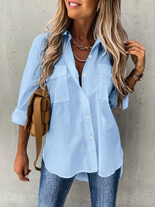 Dames - Relaxed Fit Blouse - Lange Mouwen - Kantoor en Casual - ELEGANTE BLAUW
