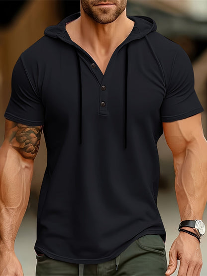 Heren - Korte Mouwen T-Shirt - Comfortabele Capuchon en Knoopsluiting - Casual Mode - STIJLVOL T-SHIRT