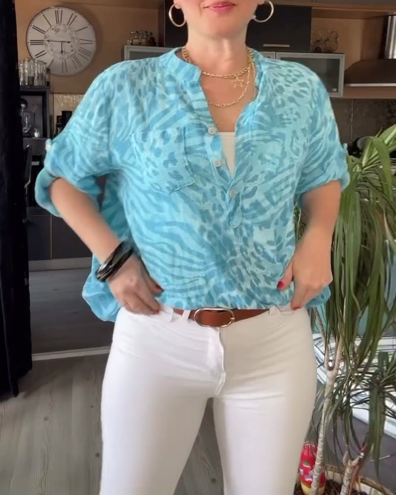 Bedrukte Blouse - Dames - Katoenblend - Casual Mode - V-Hals Stijl
