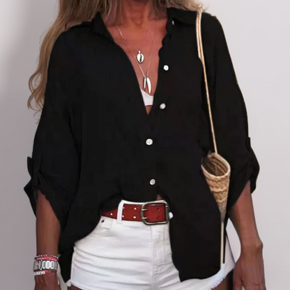 Luchtige dames linnen blouse met opgerolde mouwen – AluraLite LinenTop