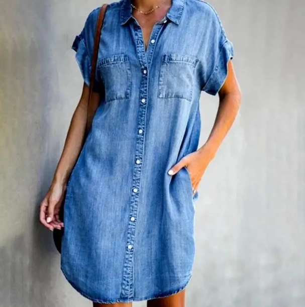 Casual denim overhemdjurk met 3/4 mouwen – DenviaEase ShirtDress