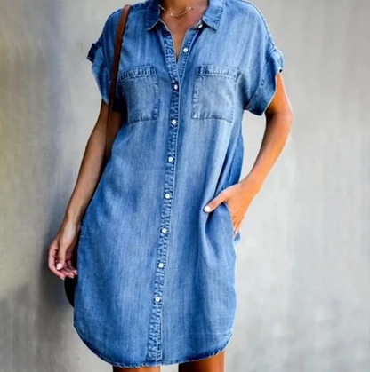 Casual denim overhemdjurk met 3/4 mouwen – DenviaEase ShirtDress