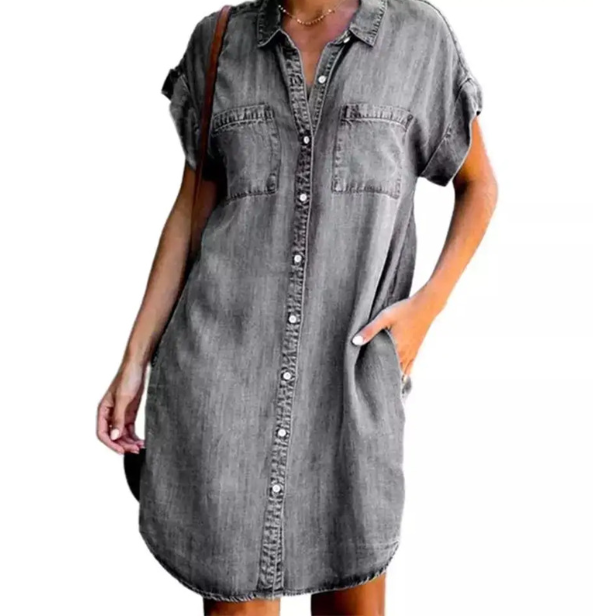 Casual denim overhemdjurk met 3/4 mouwen – DenviaEase ShirtDress