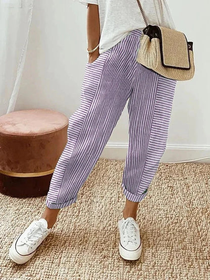 Luchtige gestreepte damesbroek met elastische taille – LineaBreeze