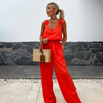 Dames - Jumpsuit zonder Mouwen - Lichte Polyester - Elegante Stijl - BLOEMENDETAIL JUMPSUIT